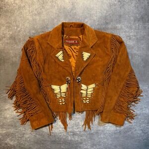 VTG Phase 2 Brown Suede Leather Fringe Western Jacket Women L Bone Beaded Boho